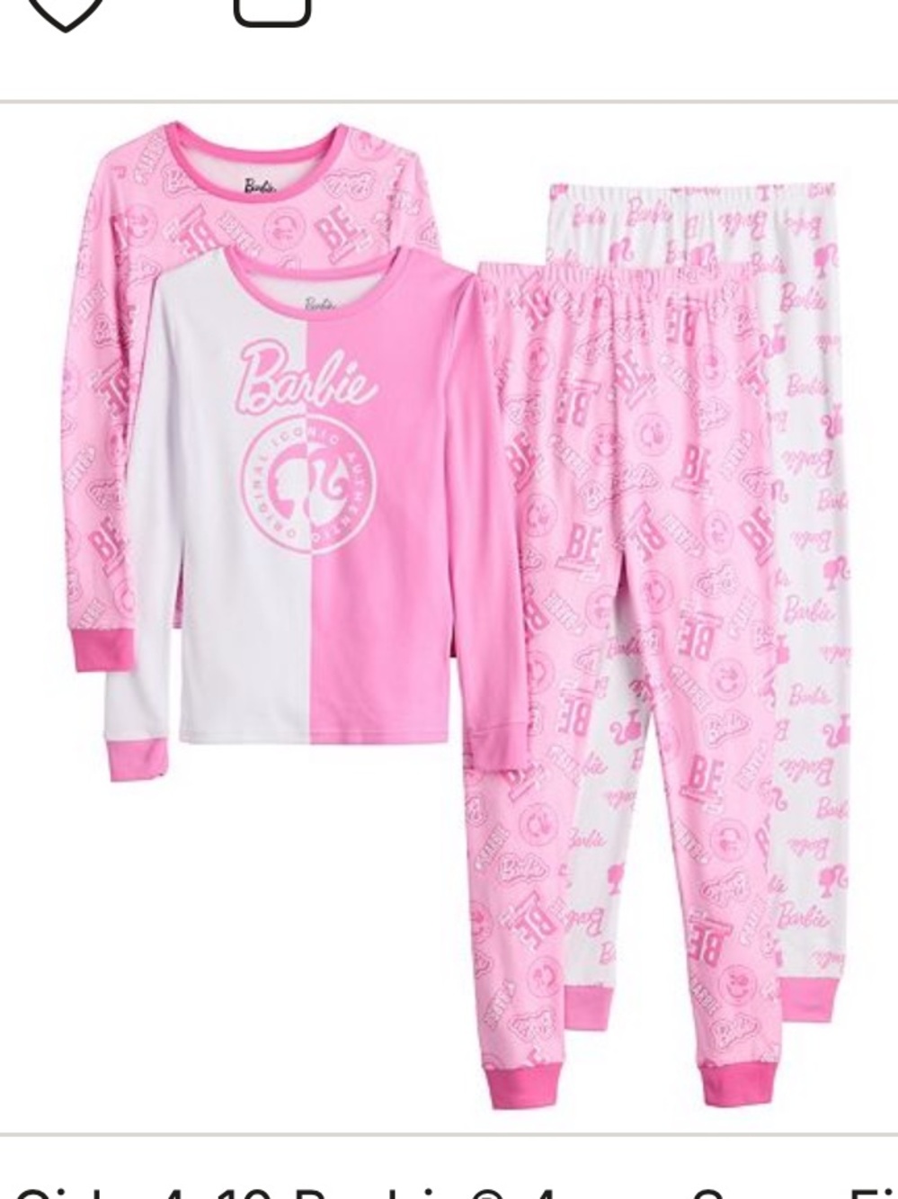 Barbie Pink & White Girls 4-Piece Snug Fit Pajama Set